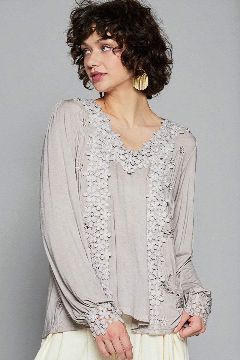 Soft Gray Floral Appliqué V-Neck Top