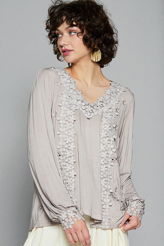 Soft Gray Floral Appliqué V-Neck Top