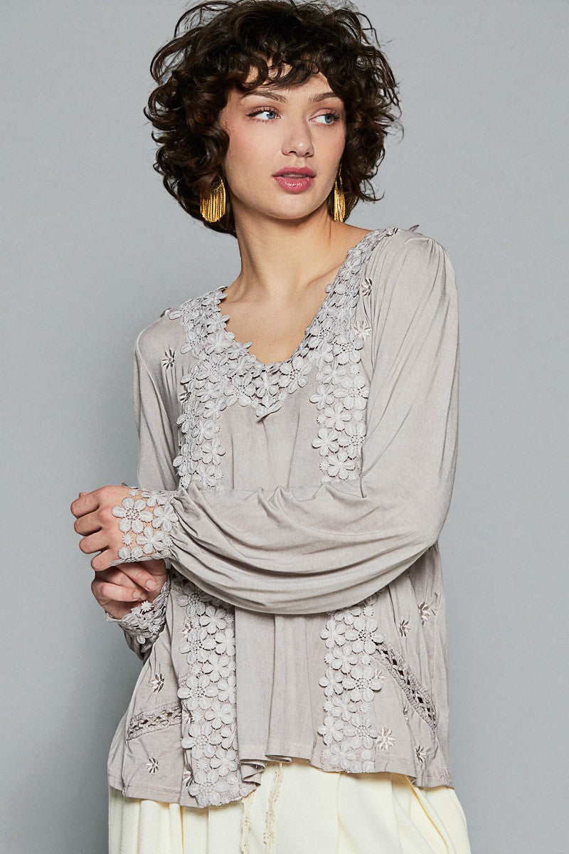 Soft Gray Floral Appliqué V-Neck Top