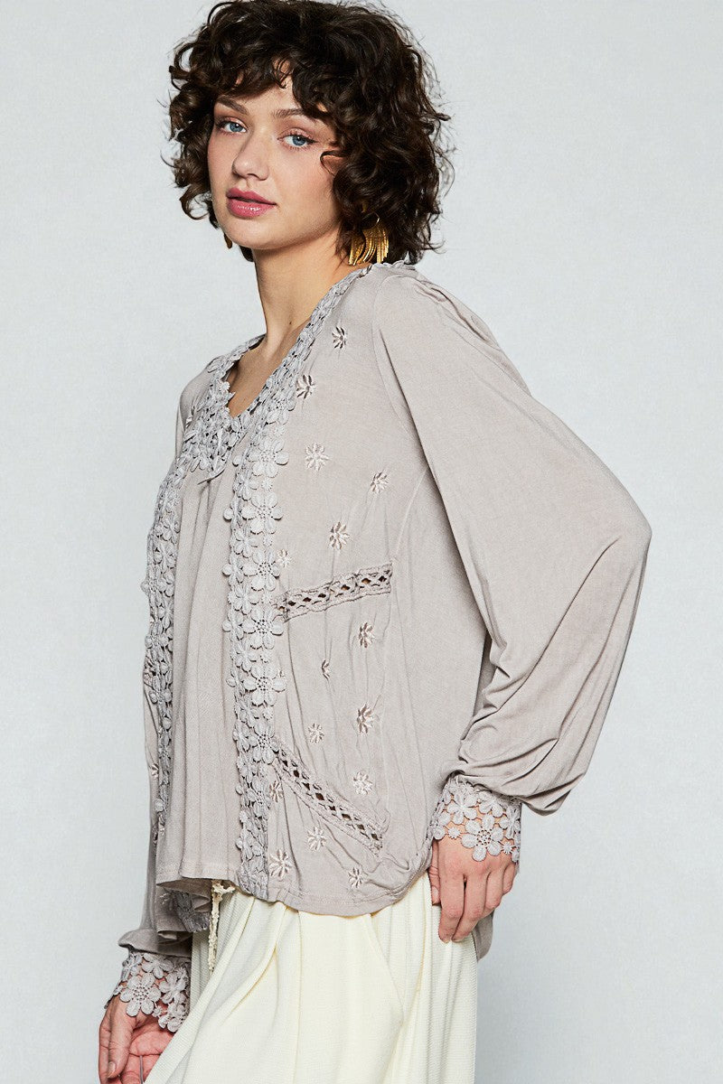 Soft Gray Floral Appliqué V-Neck Top