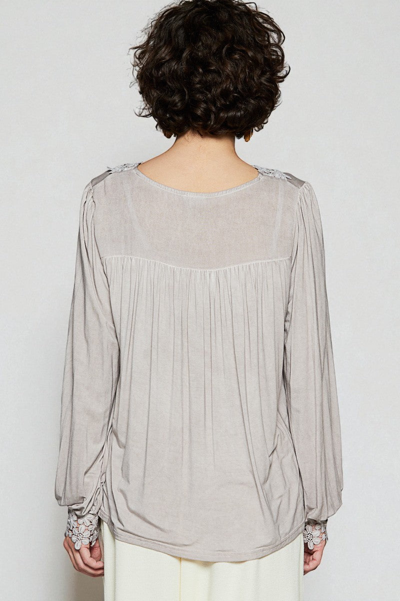 Soft Gray Floral Appliqué V-Neck Top