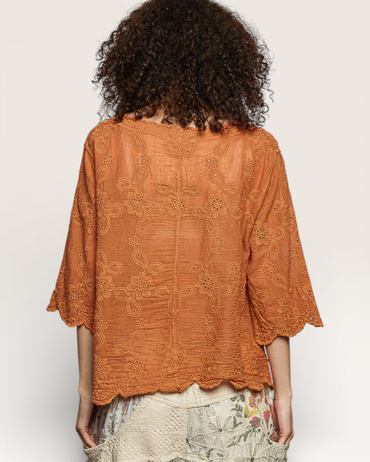 Person wearing an orange lace top on a plain background