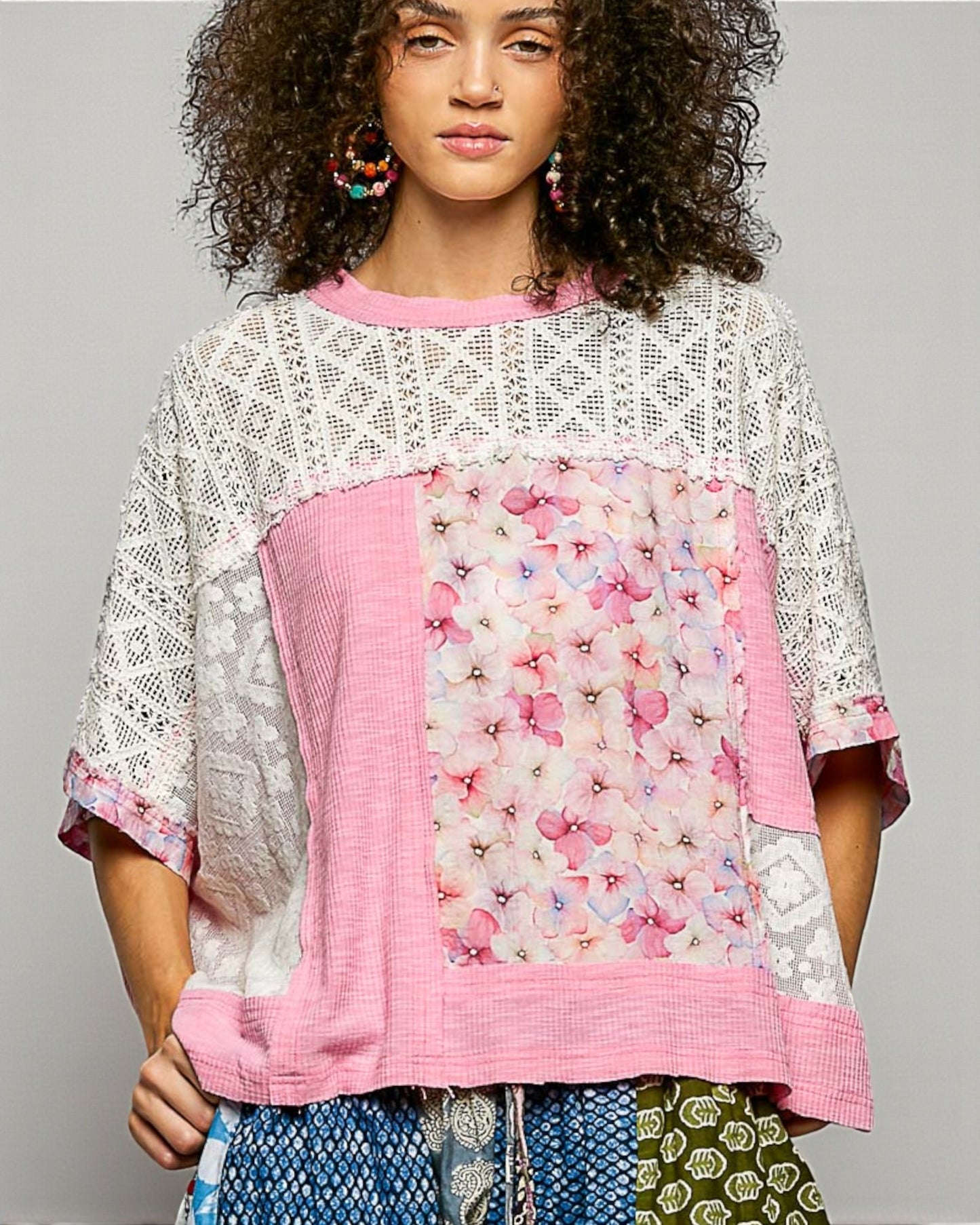 Pink & Ivory Lace Patchwork Top