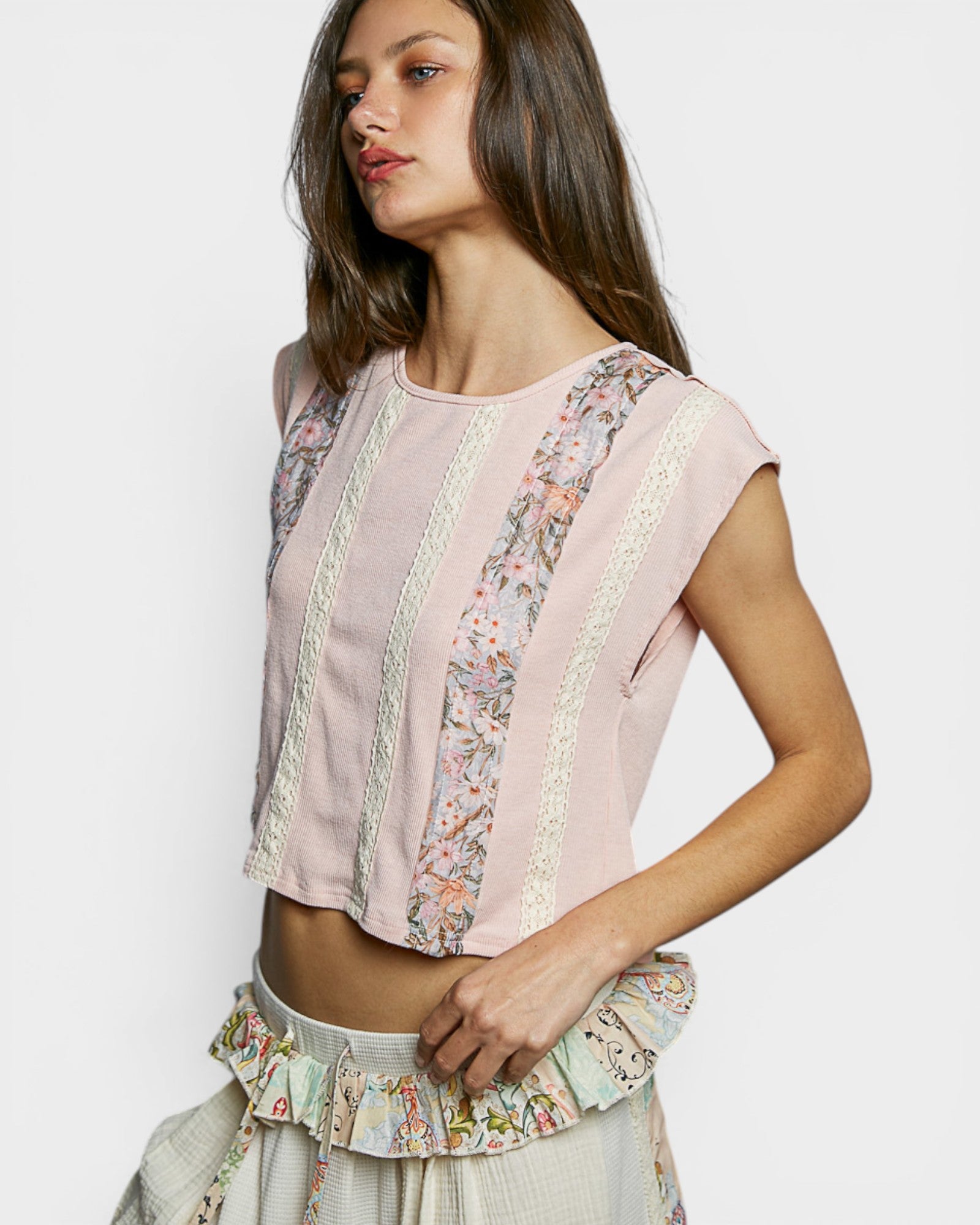 Blush Floral Lace Stripe Cap Sleeve Top