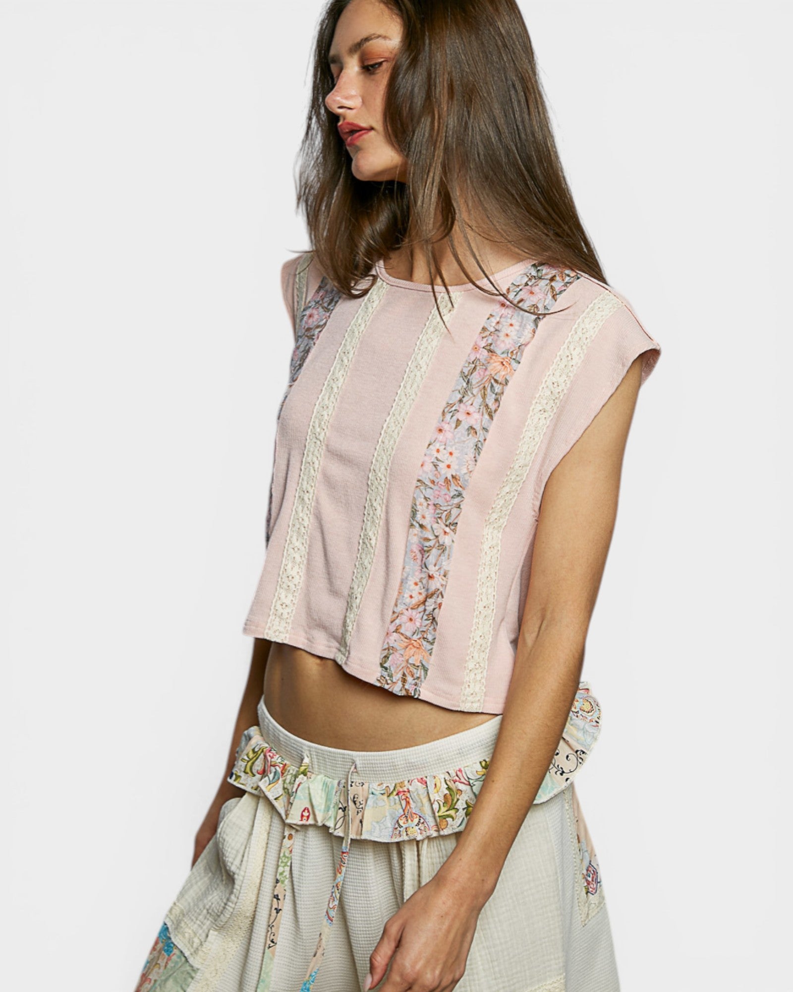 Blush Floral Lace Stripe Cap Sleeve Top