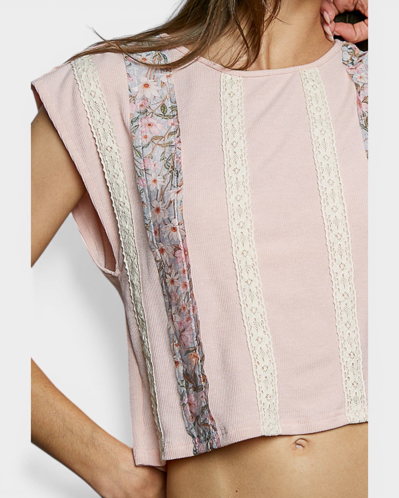 Blush Floral Lace Stripe Cap Sleeve Top