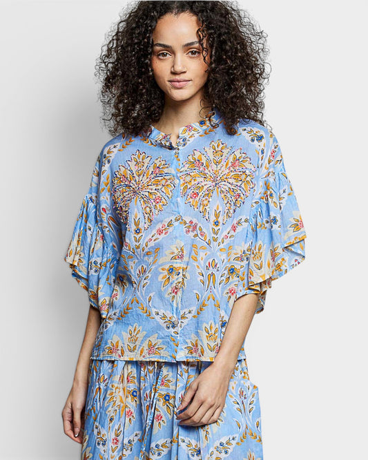 Light Blue Floral Flutter Sleeve Top