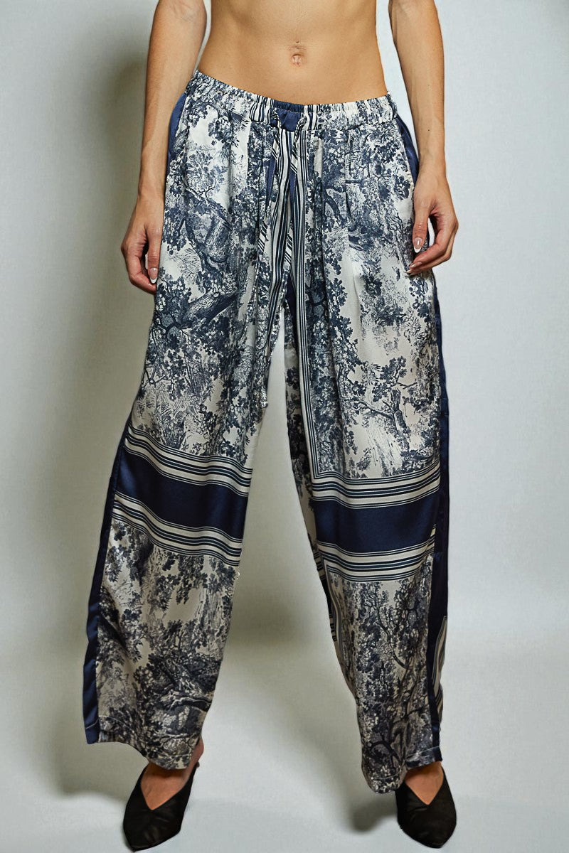Navy Toile Print Wide Leg Pants