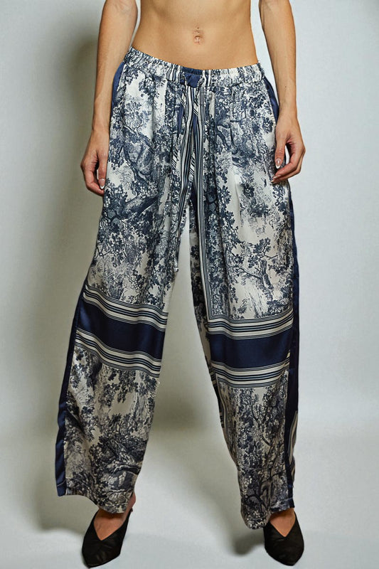 Navy Toile Print Wide Leg Pants