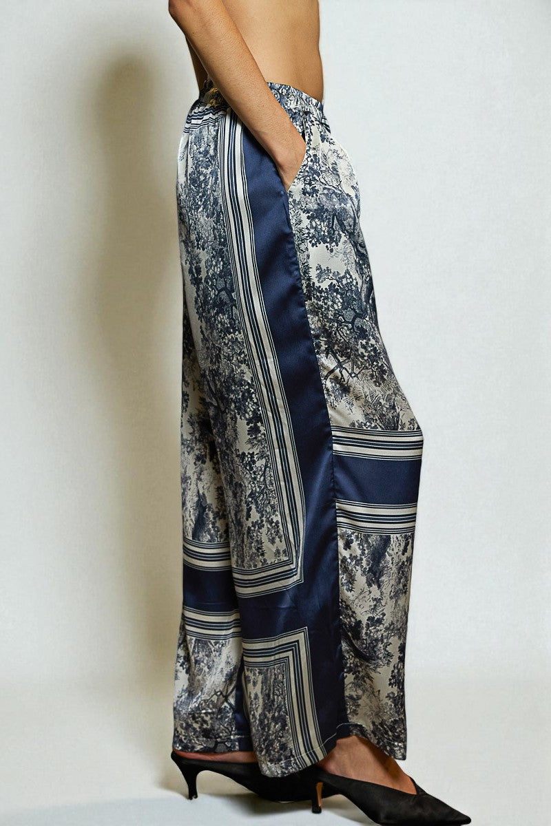 Navy Toile Print Wide Leg Pants