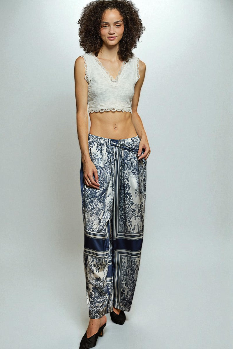 Navy Toile Print Wide Leg Pants