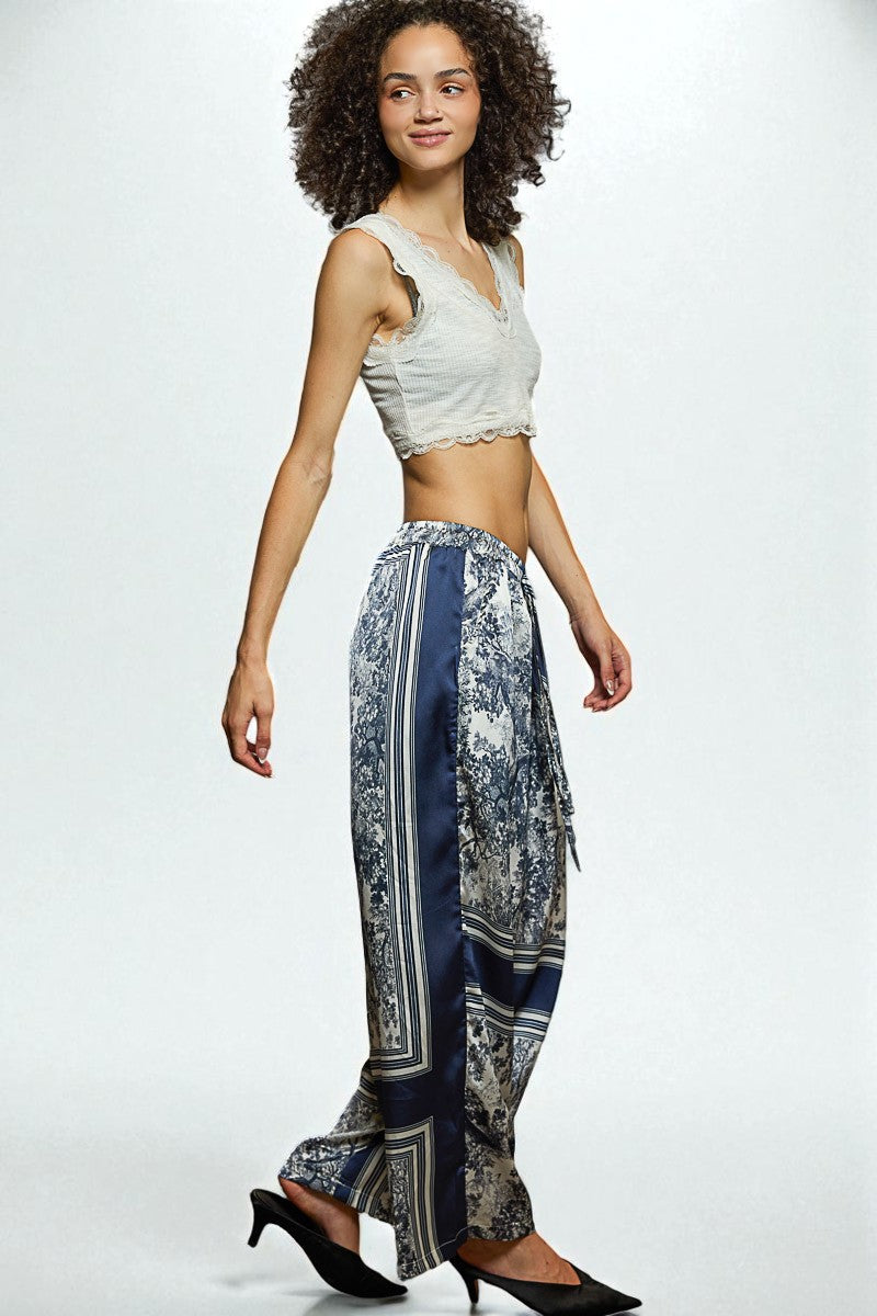 Navy Toile Print Wide Leg Pants