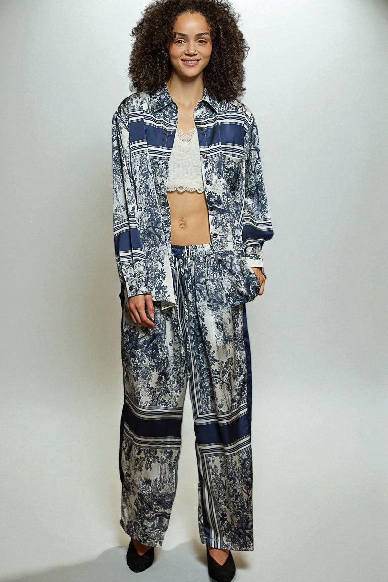 Navy Toile Print Wide Leg Pants