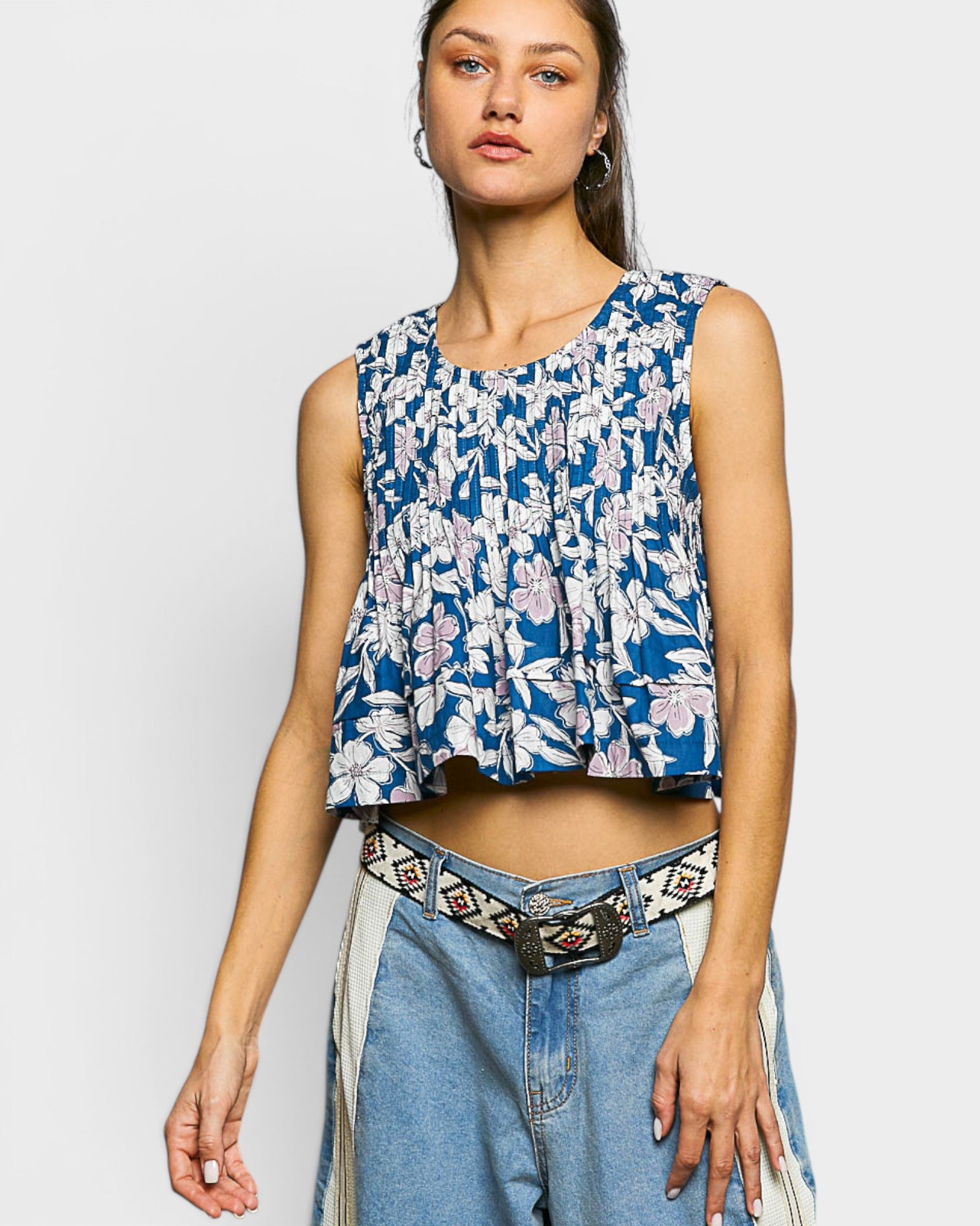 Teal Floral Pintuck Cropped Top