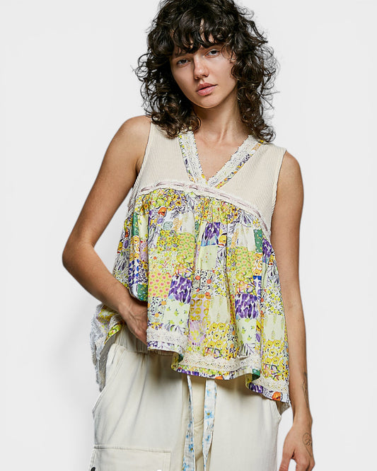 Cream Multi Patchwork Lace Back Tank Top