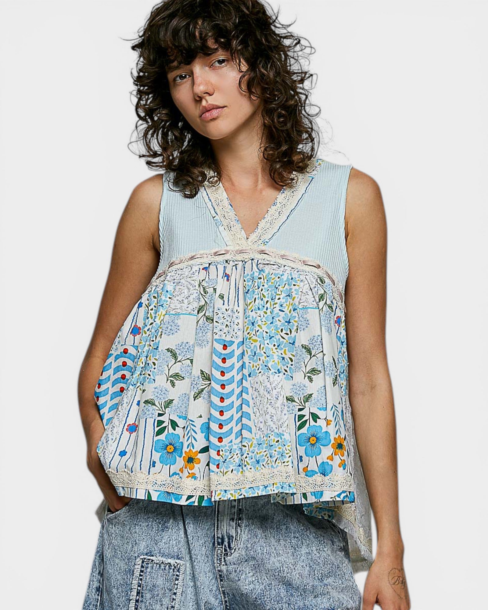 Blue Multi Patchwork Lace Back Tank Top