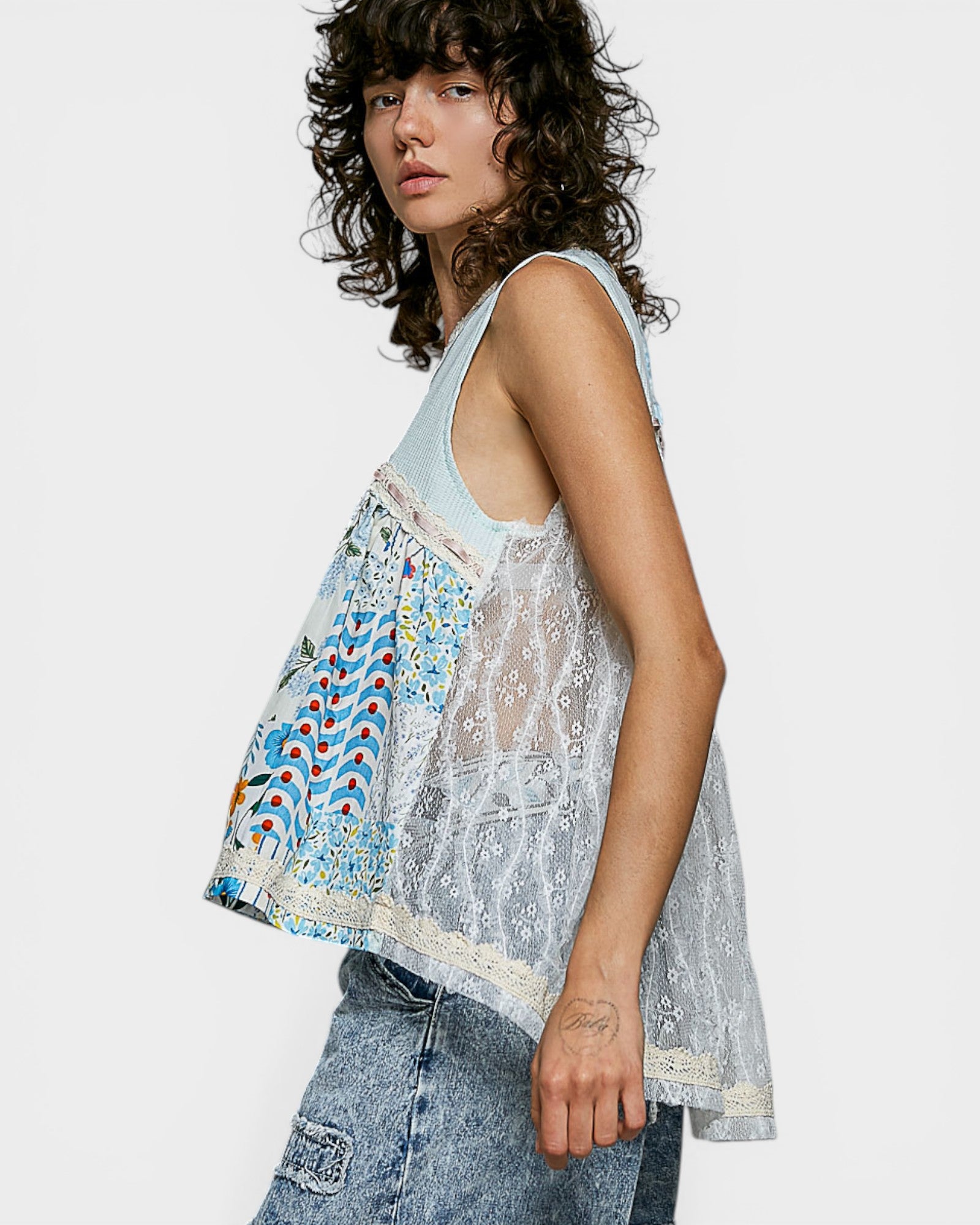 Blue Multi Patchwork Lace Back Tank Top