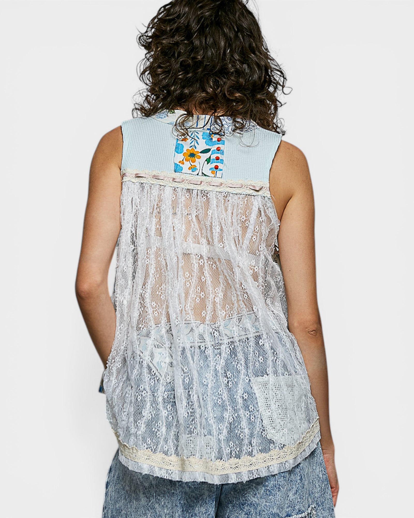 Blue Multi Patchwork Lace Back Tank Top