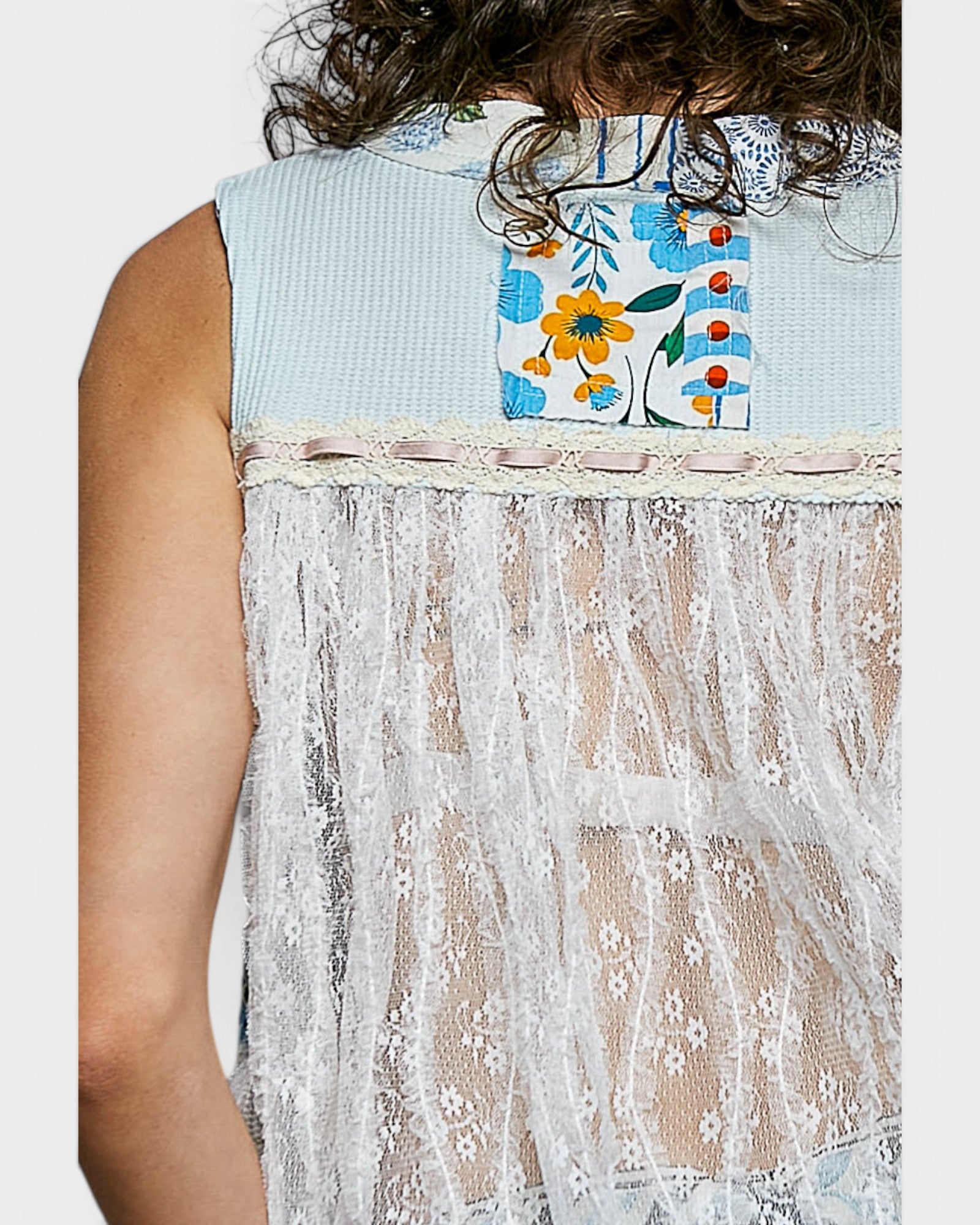 Blue Multi Patchwork Lace Back Tank Top