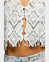 White lace top with floral pants on a white background