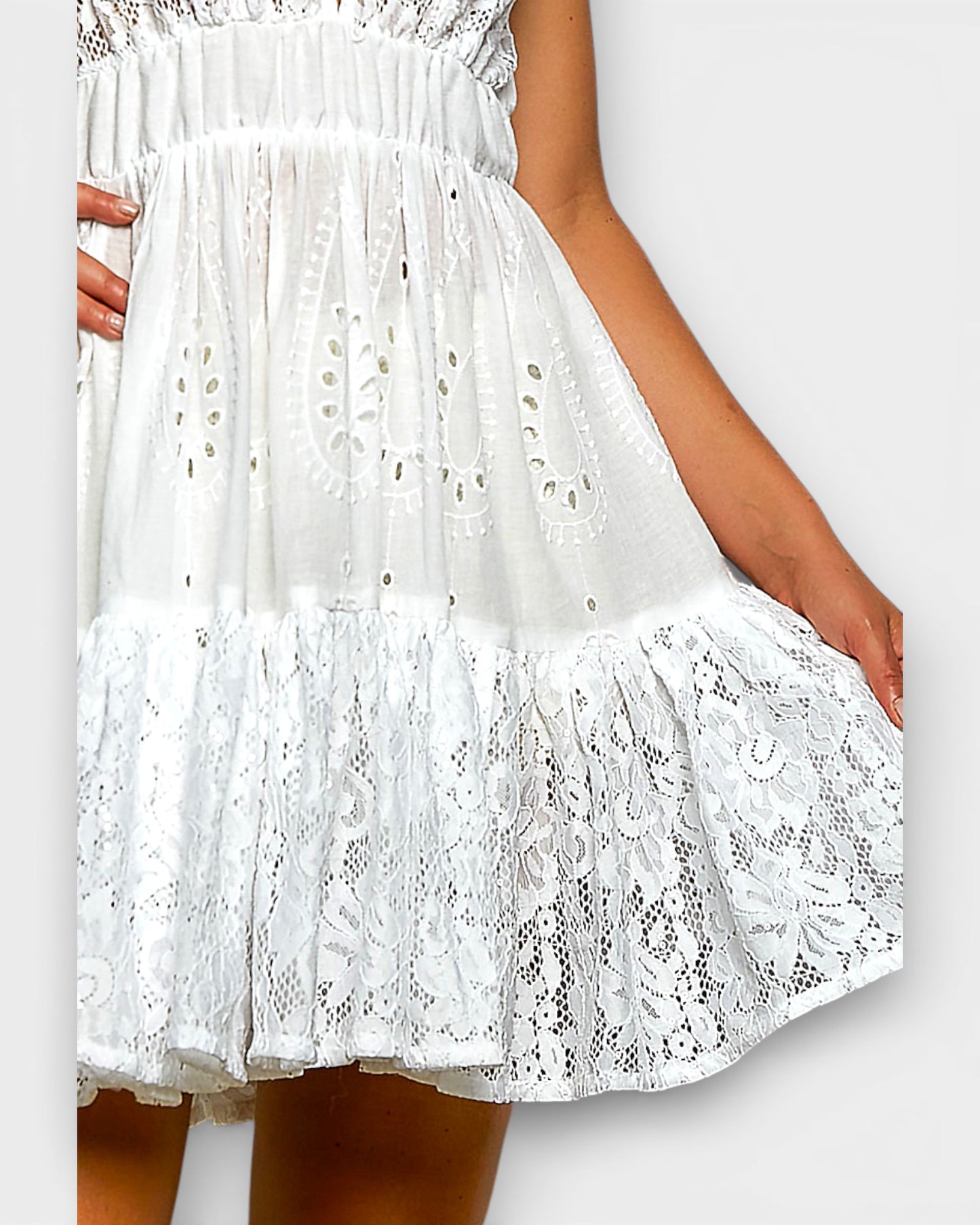 White lace dress on a plain background