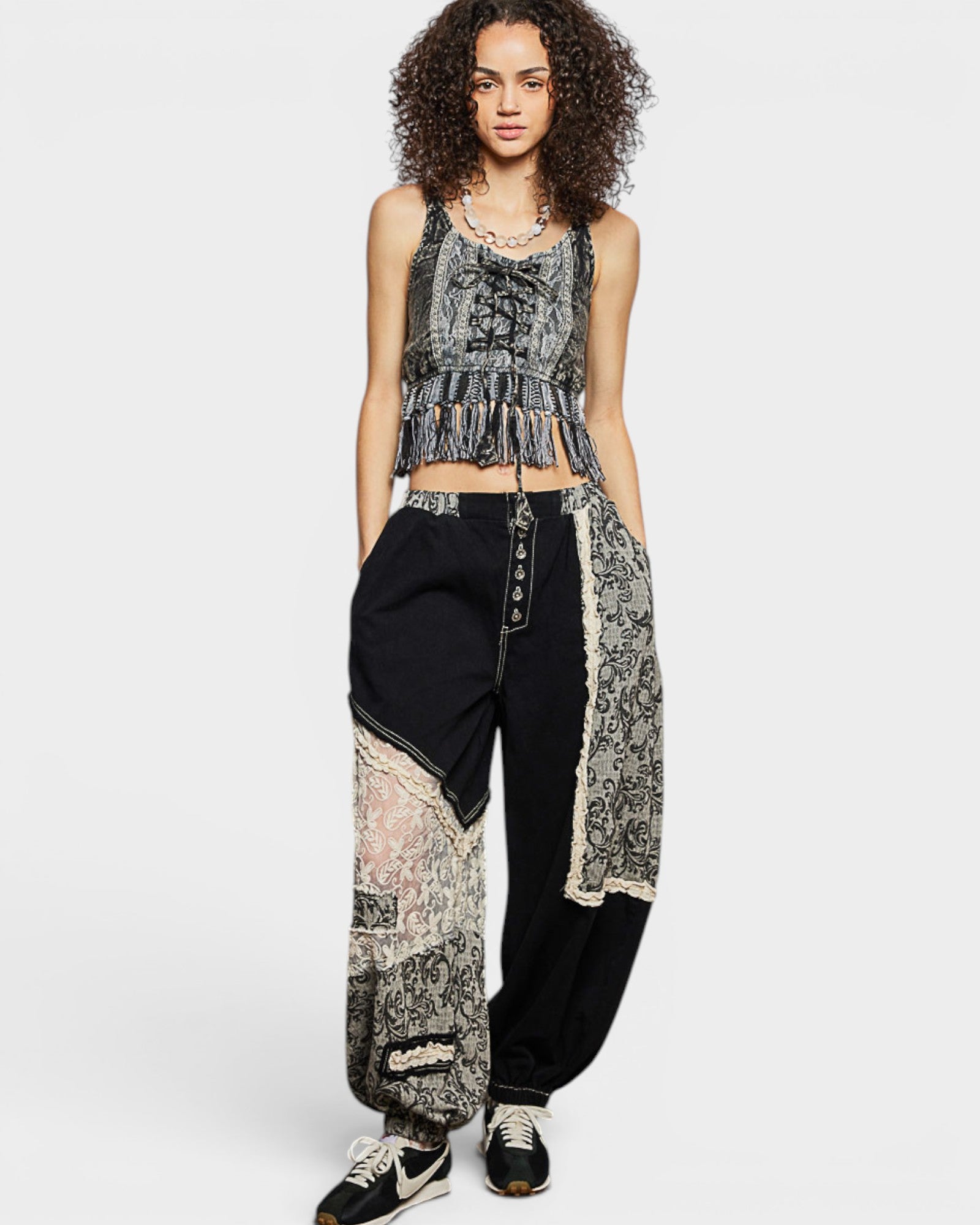 Charcoal Embroidered Fringe Crop Tank