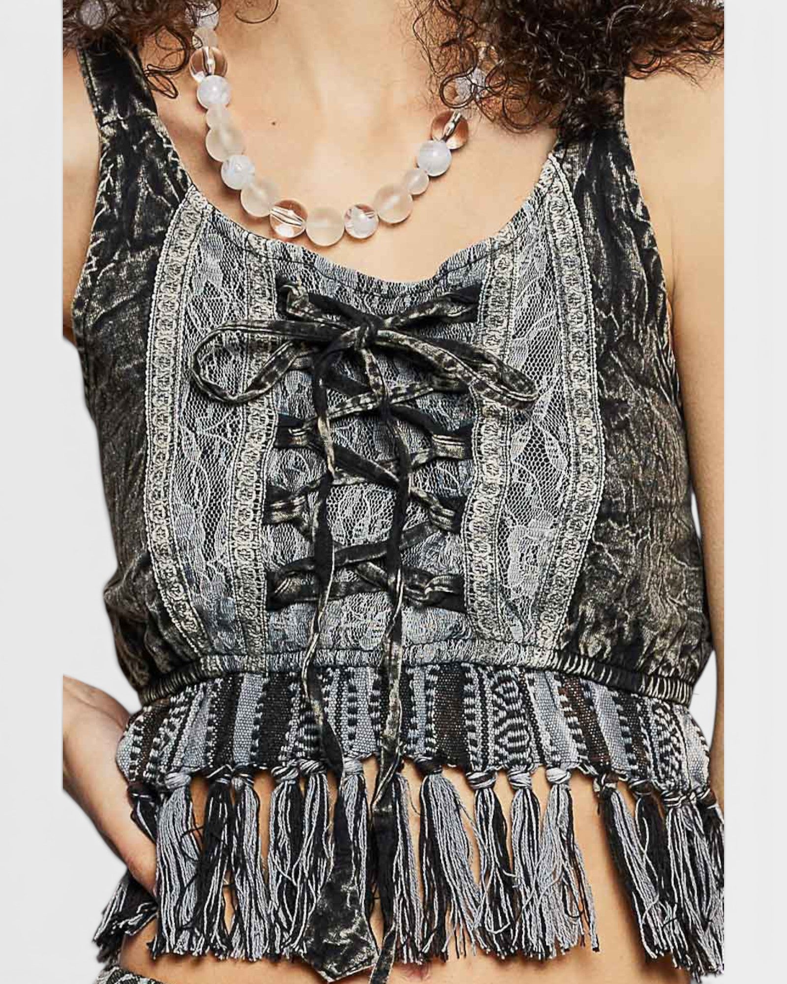 Charcoal Embroidered Fringe Crop Tank