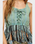 Green lace-up top with fringe details on a white background