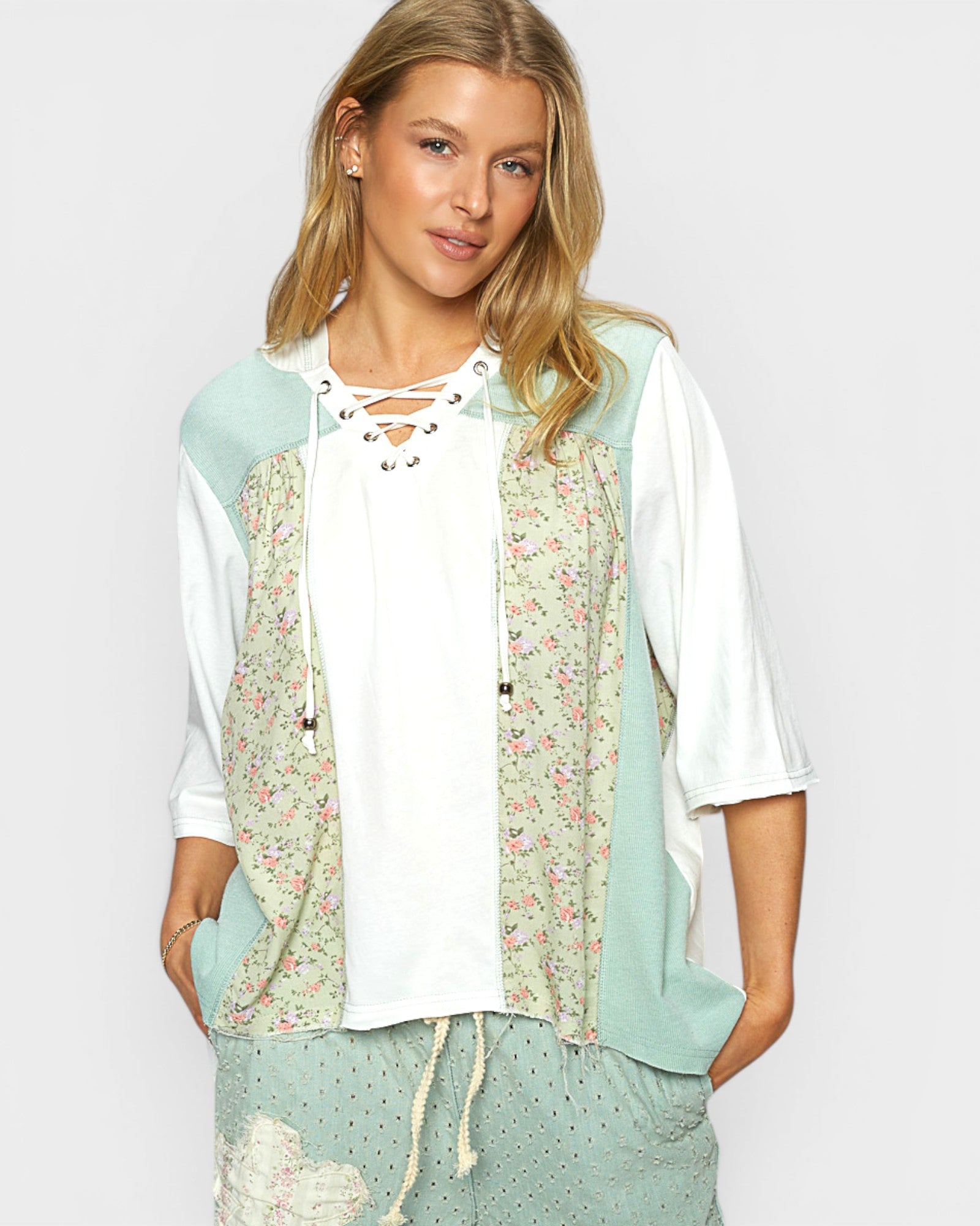 Sage Floral Patchwork Hooded Top