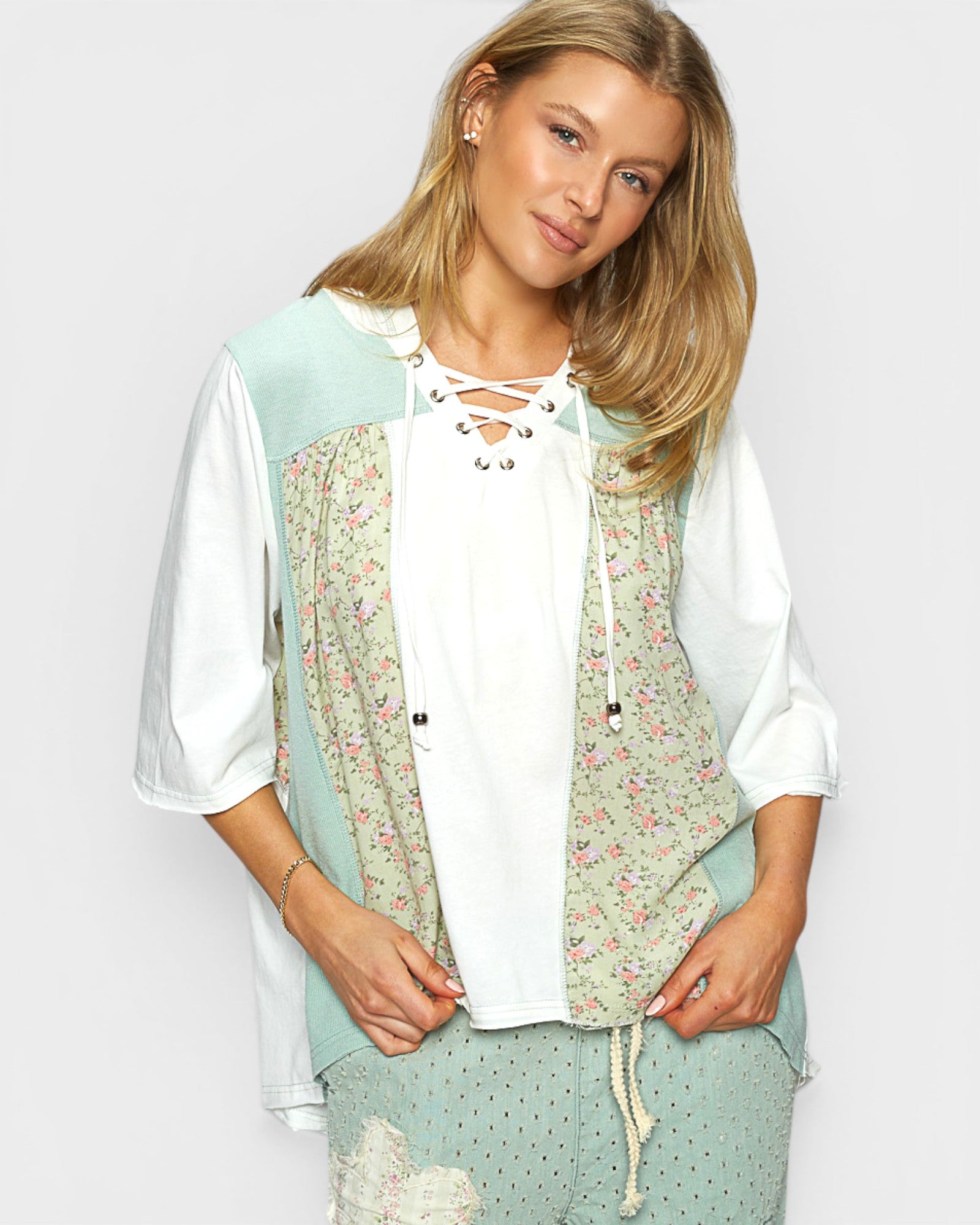 Sage Floral Patchwork Hooded Top