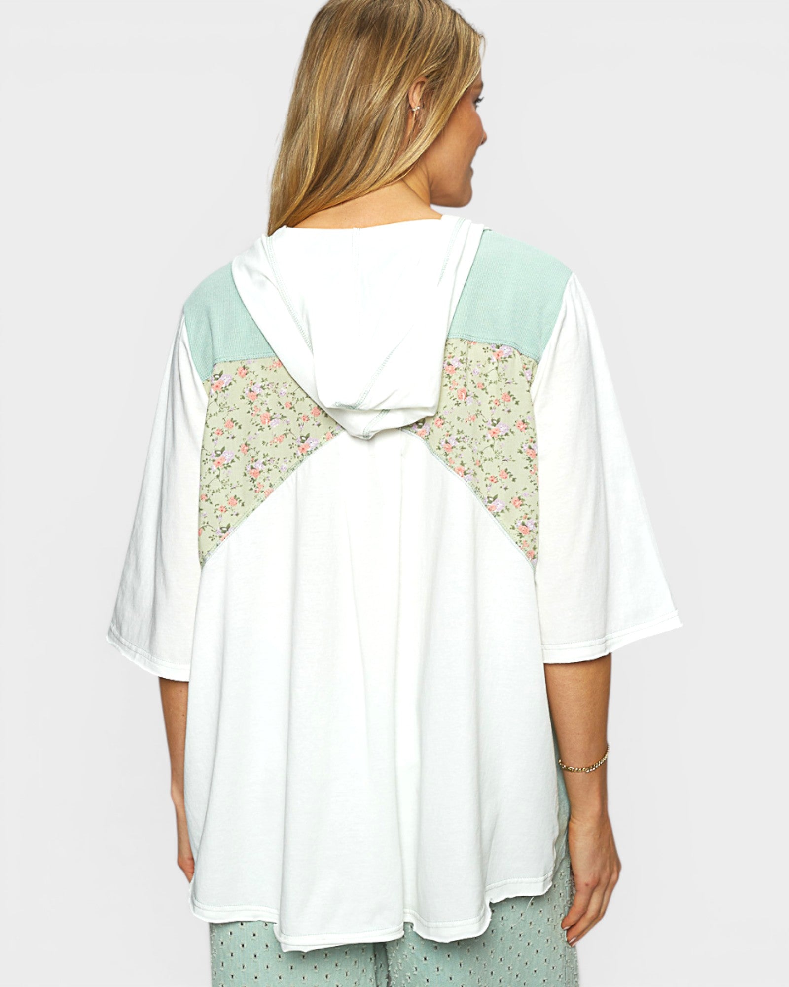 Sage Floral Patchwork Hooded Top