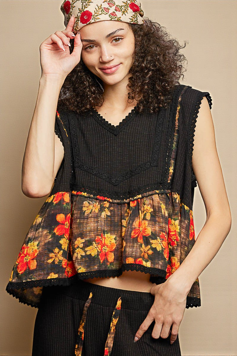 Black Floral Trim Sleeveless Top