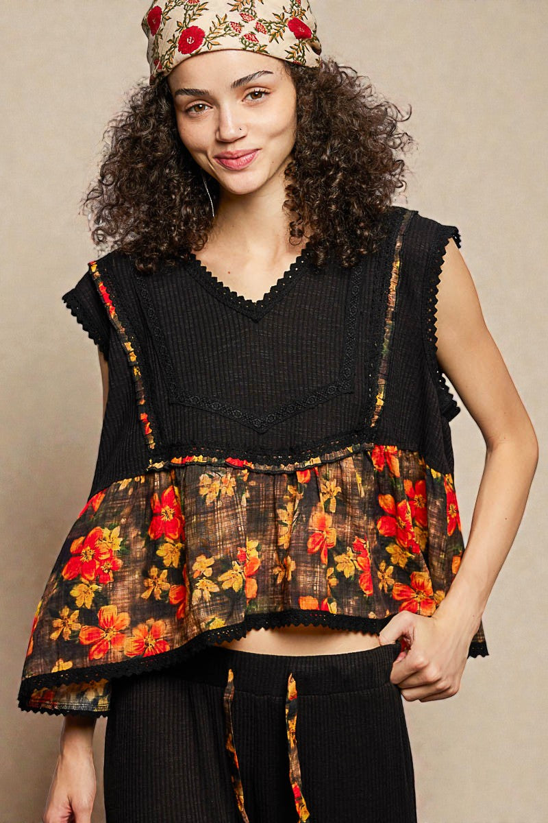 Black Floral Trim Sleeveless Top
