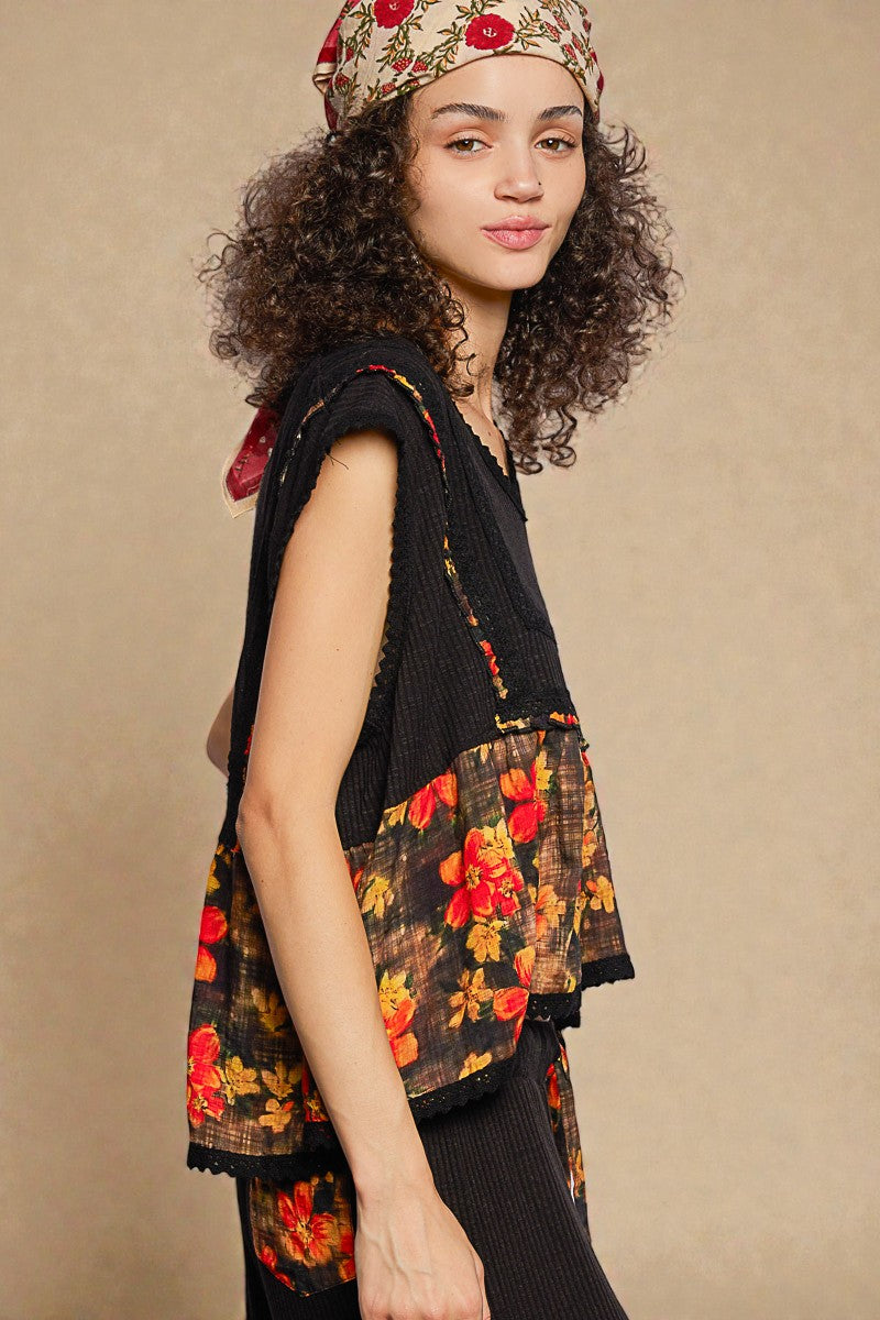 Black Floral Trim Sleeveless Top