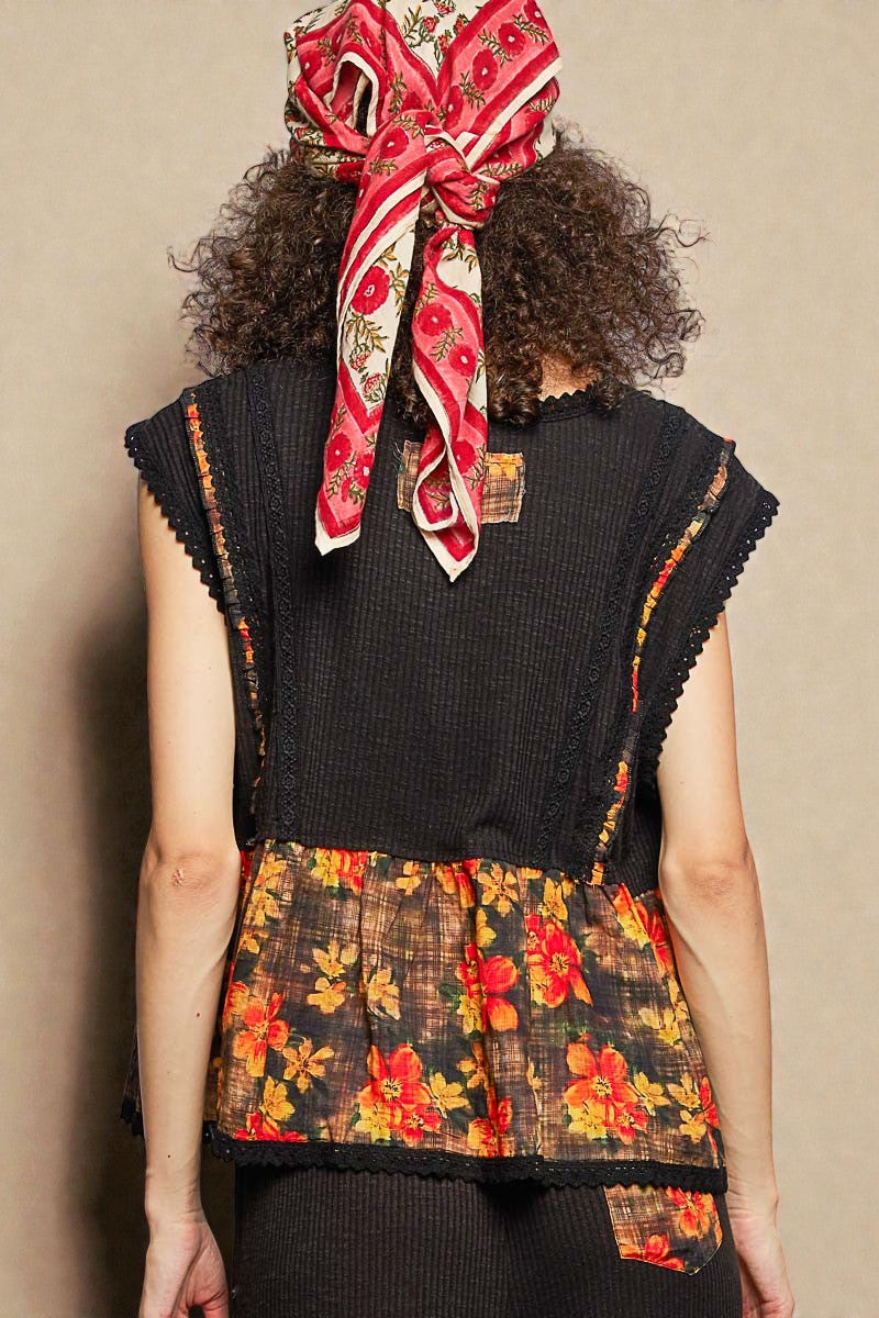 Black Floral Trim Sleeveless Top