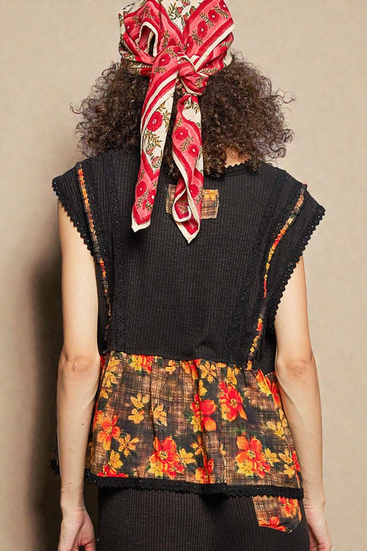 Black Floral Trim Sleeveless Top
