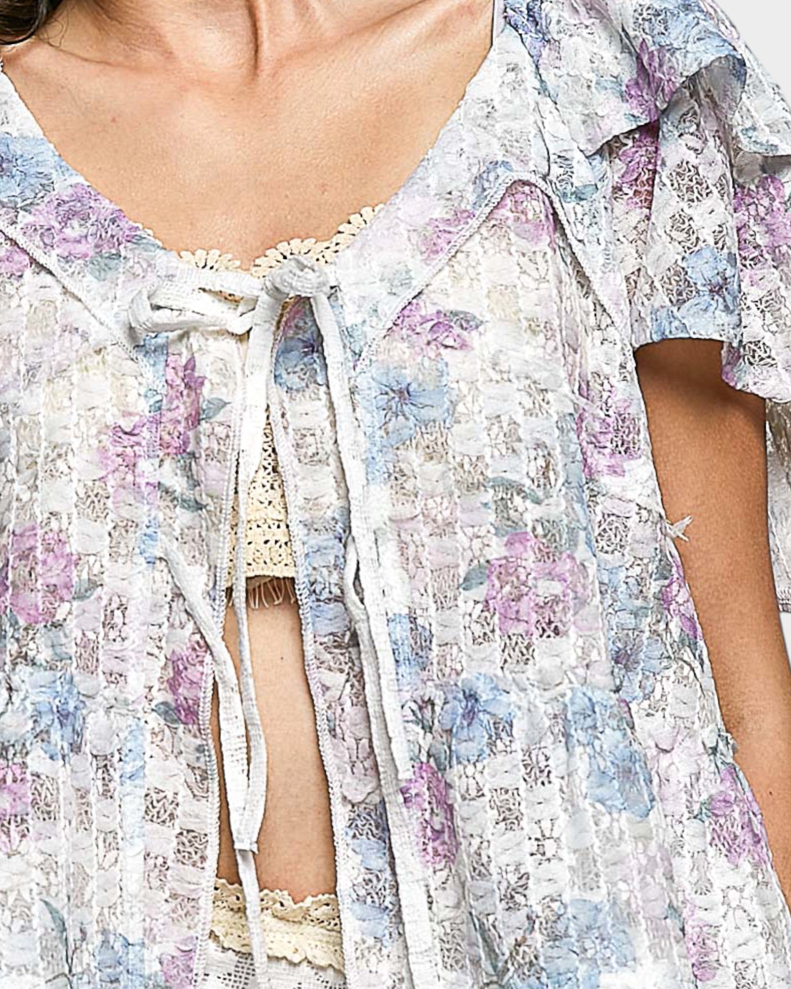 Floral patterned kimono-style garment with a focus on the neckline and sleeves.