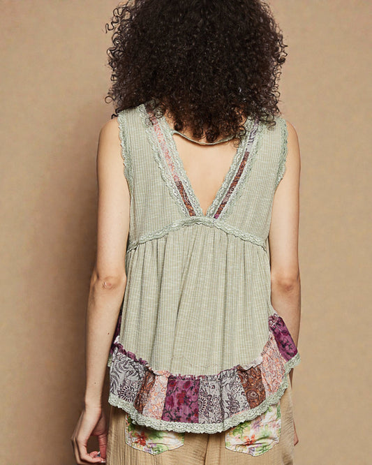 Soft Sage Patchwork Lace Sleeveless Top
