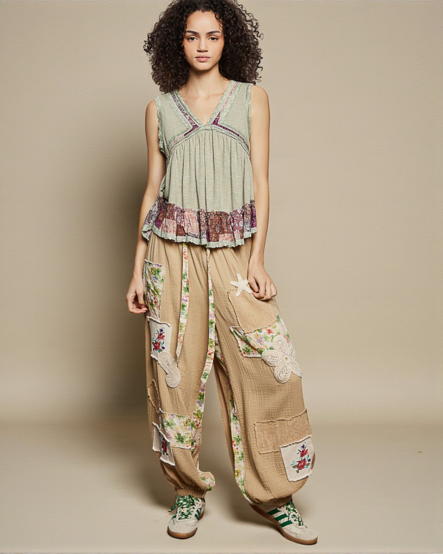 Soft Sage Patchwork Lace Sleeveless Top