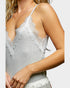 Gray tank top with lace detailing on a plain background