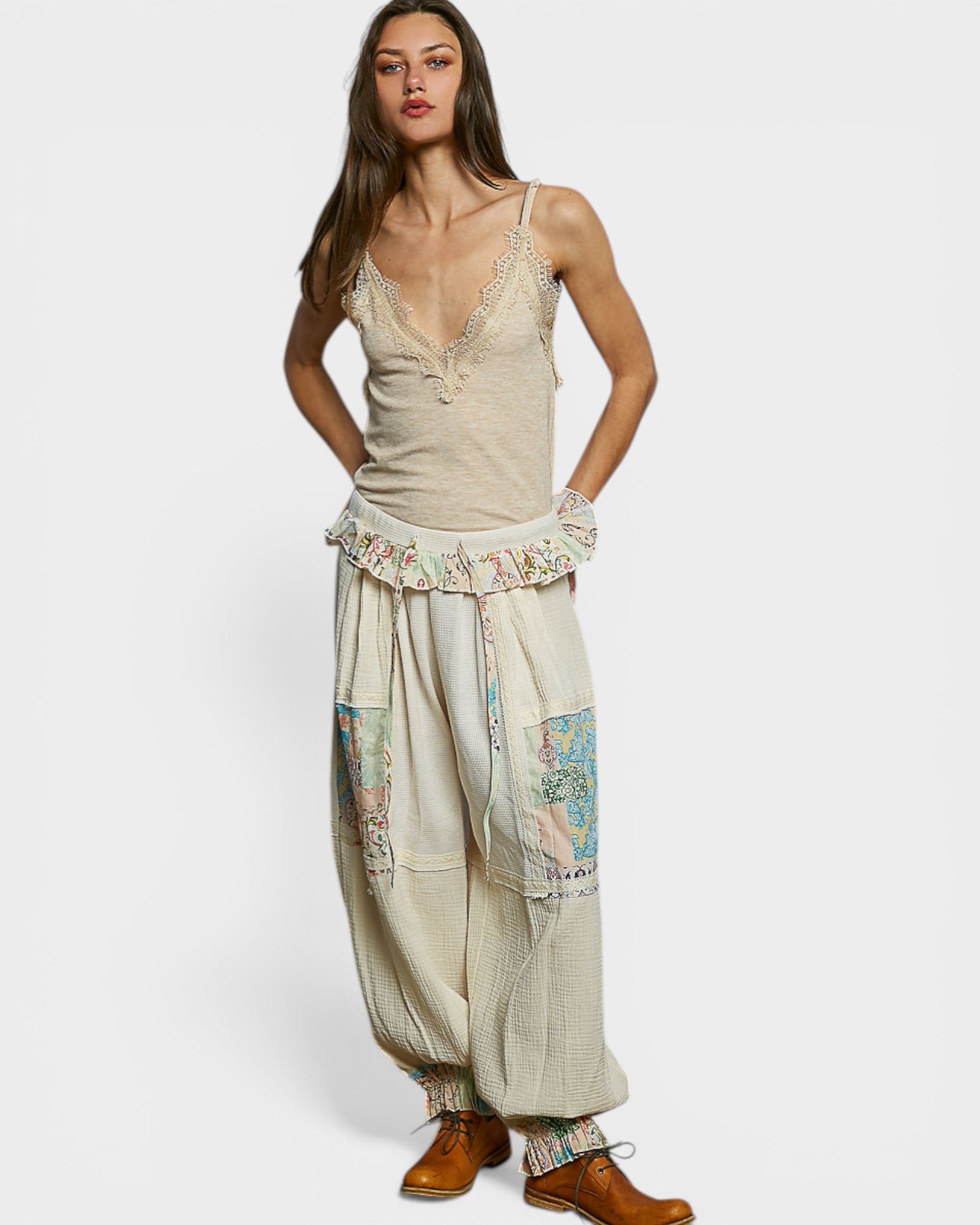 Oatmeal Lace Trim V-Neck Cami