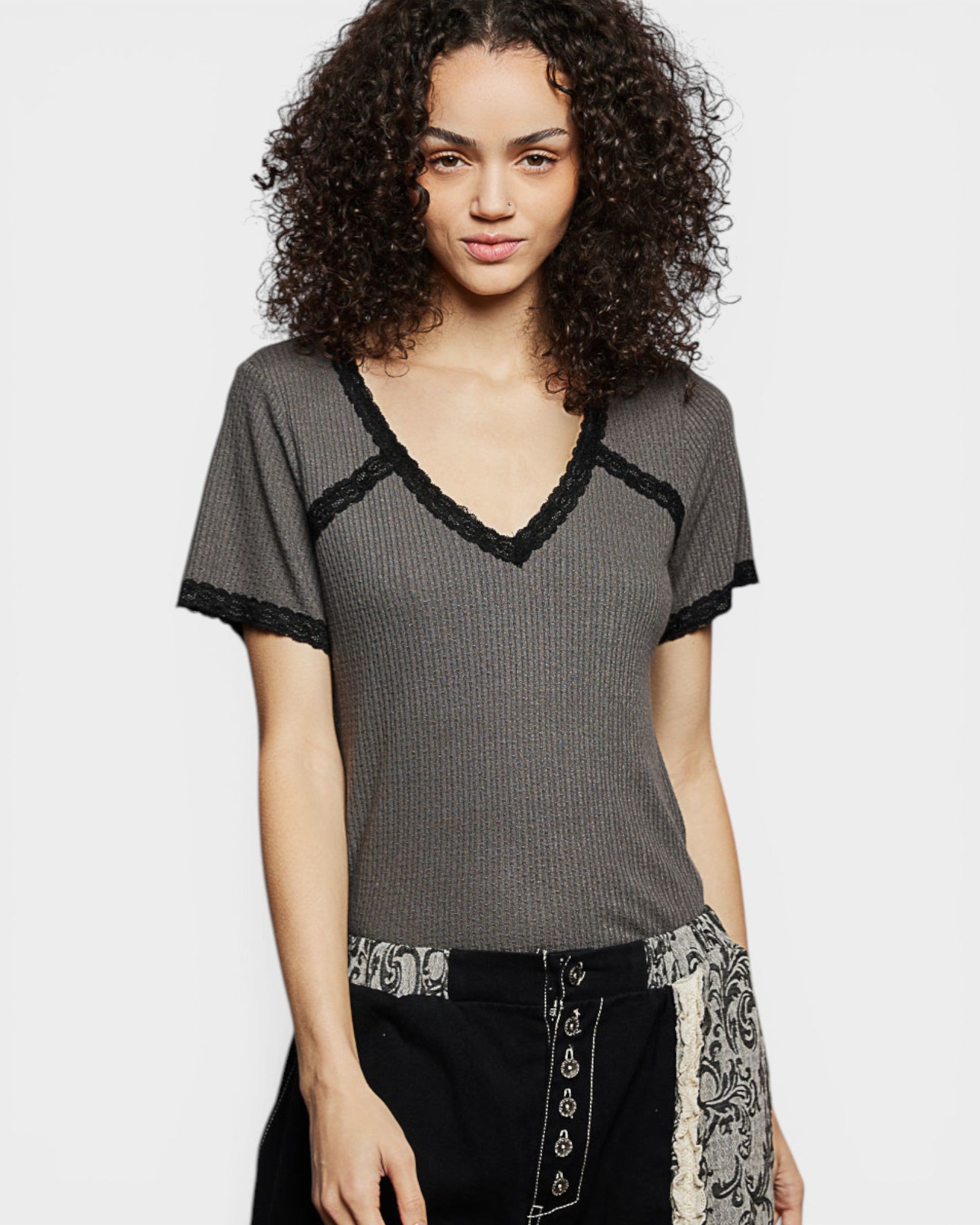 Charcoal Lace Trim Waffle Knit Top