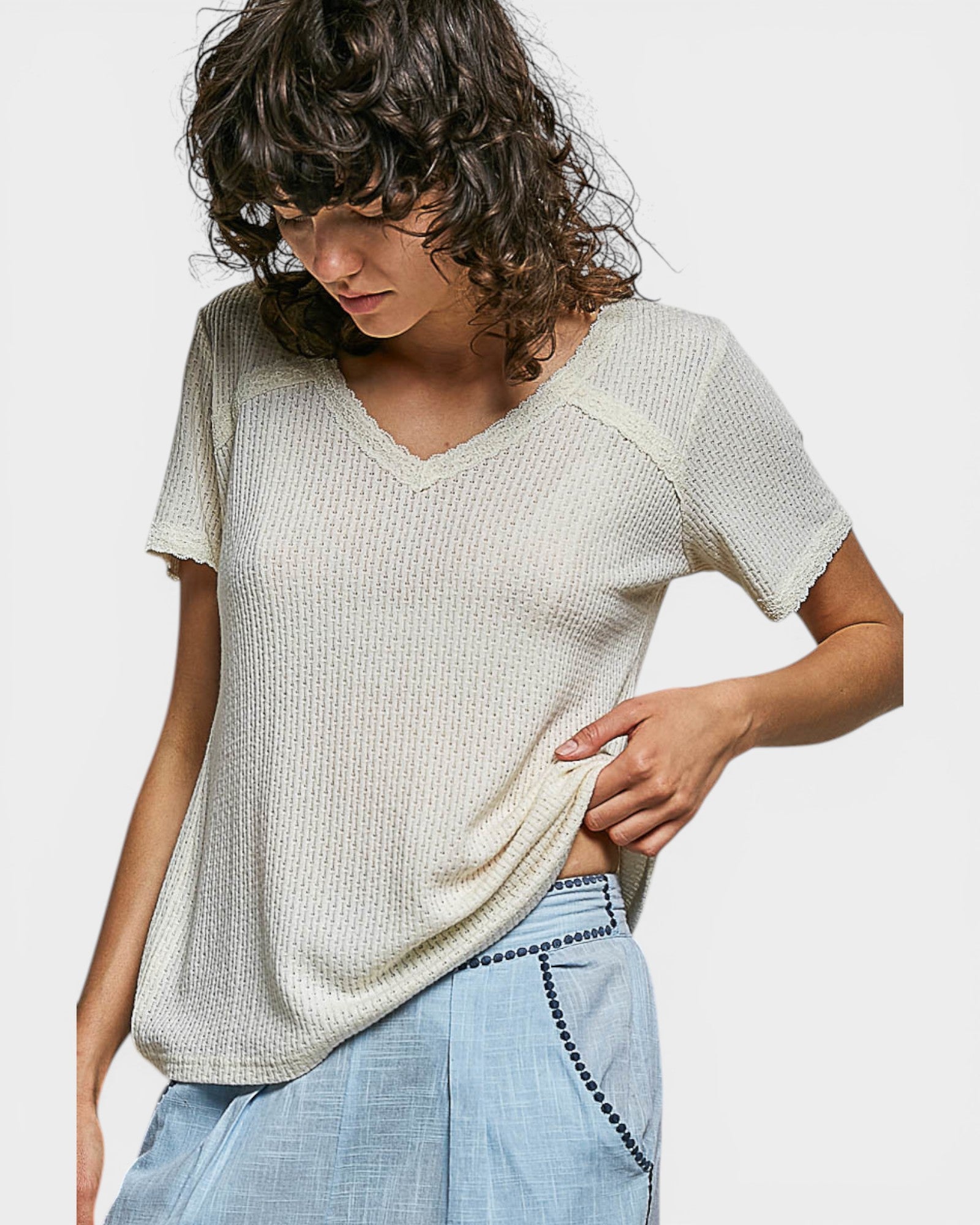 Cream Lace Trim Waffle Knit Top