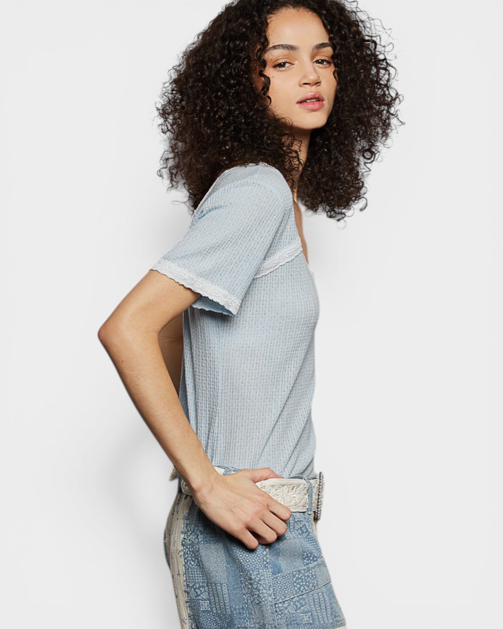 Powder Blue Lace Trim Waffle Knit Top