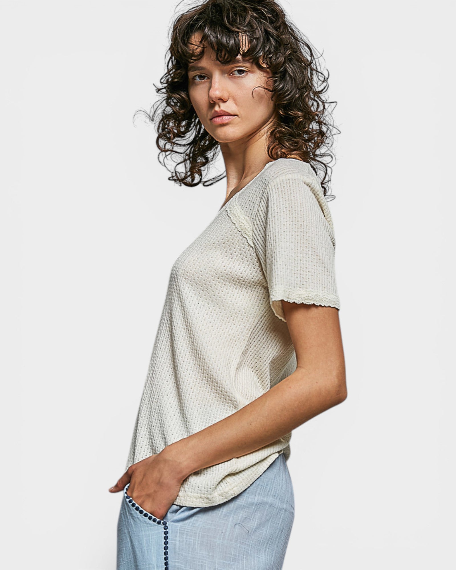 Cream Lace Trim Waffle Knit Top