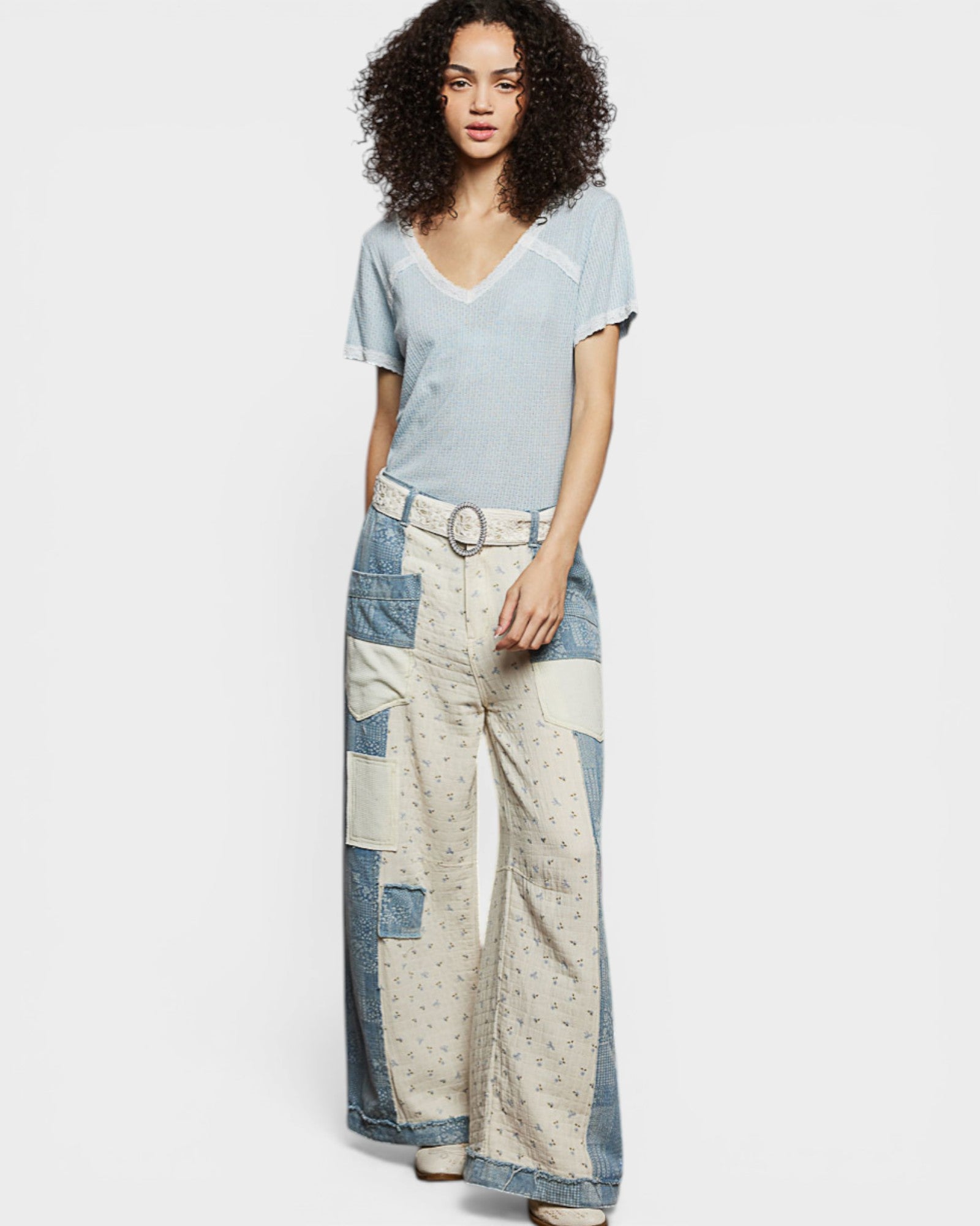 Powder Blue Lace Trim Waffle Knit Top