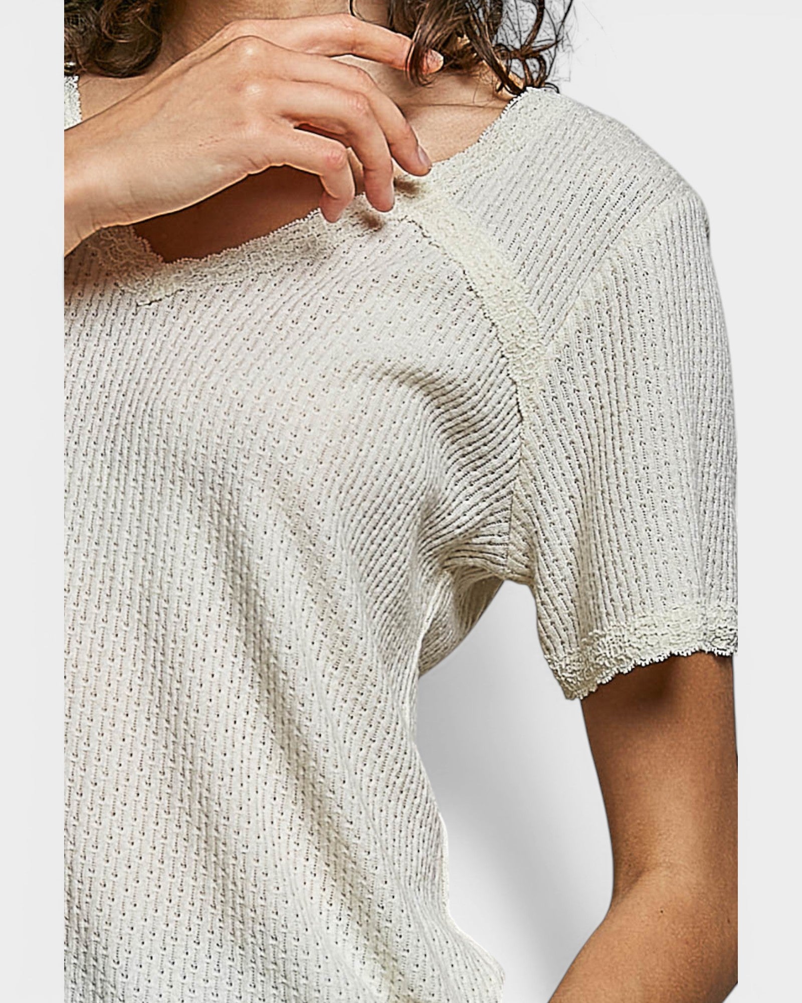 Cream Lace Trim Waffle Knit Top
