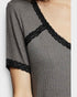 Gray ribbed sweater with black lace trim on a plain background