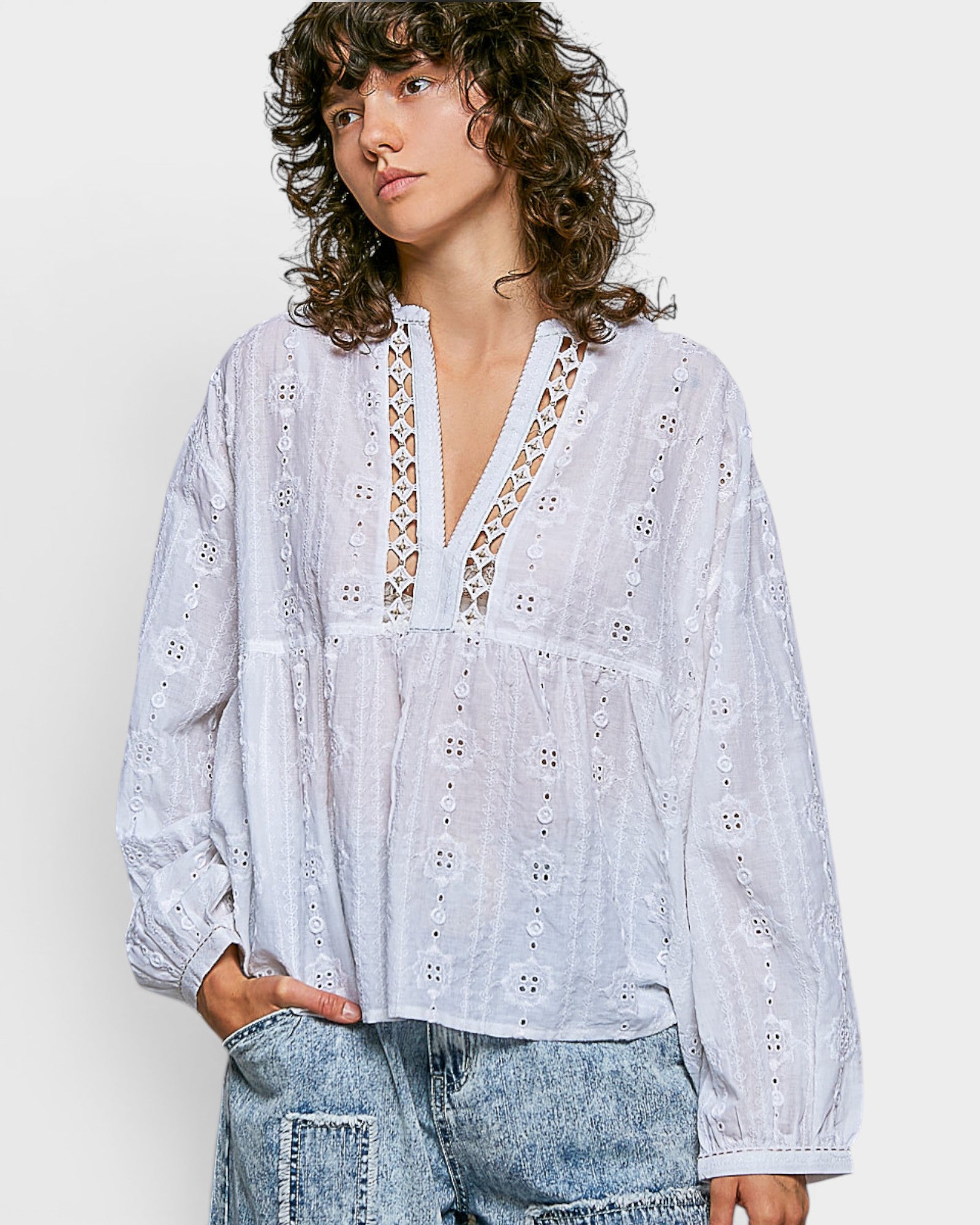 Off White Eyelet Lace Babydoll Blouse