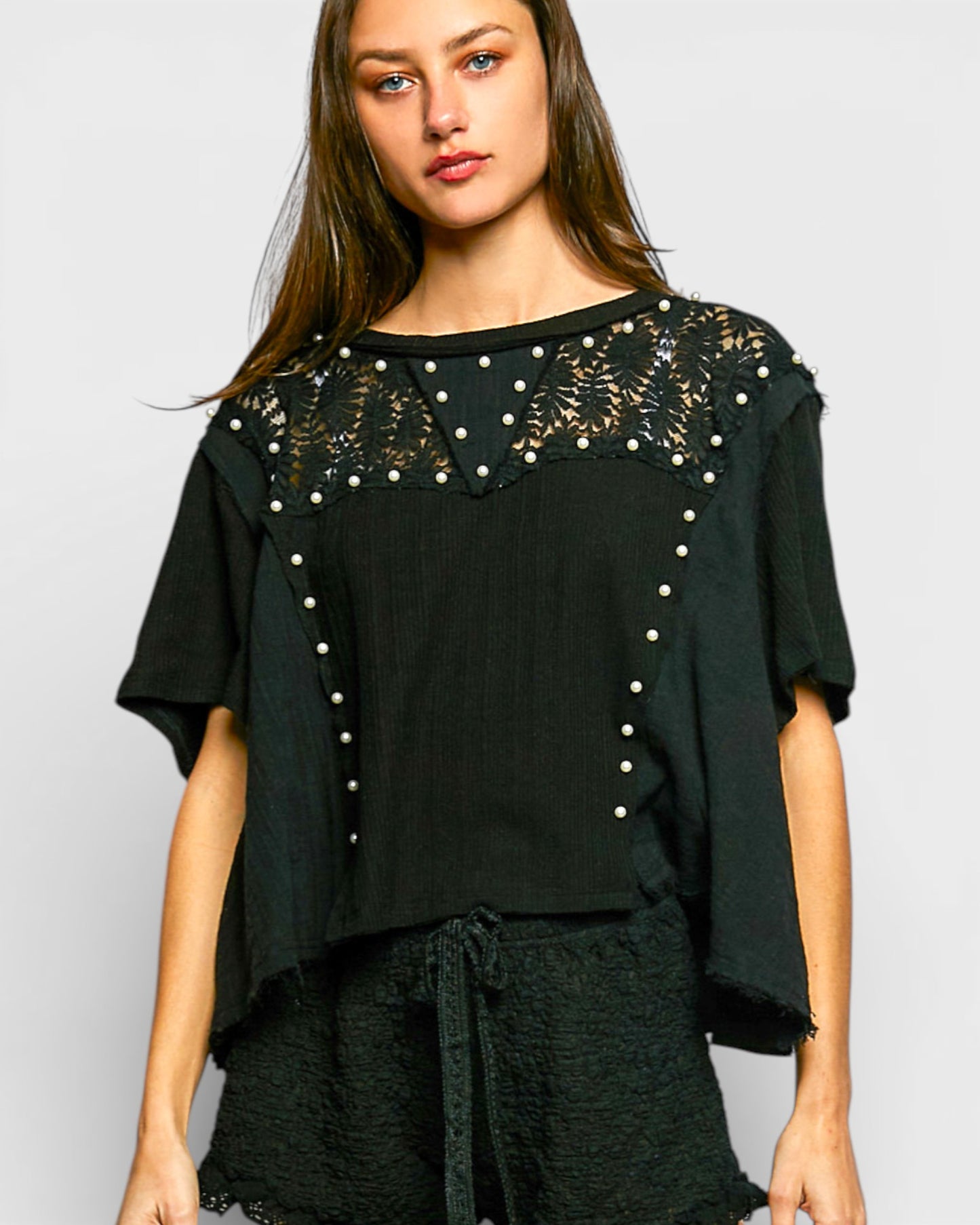 Black Lace & Pearl Embellished Blouse